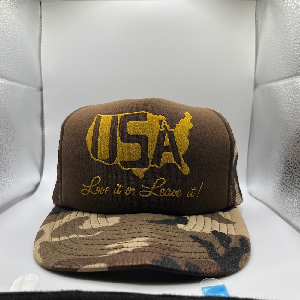 Vintage 80s Daystone Trucker Hat Brown Camo USA Love It Or Leave It Snapback Cap
